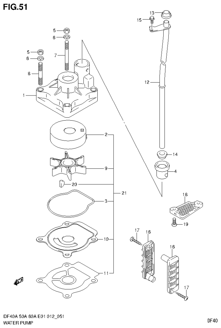 Suzuki DF40AST, DF50A, DF50ATH WATER PUMP (DF40A E1) parts diagram